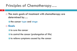 Principles of Chemotherapy….
20
 The main goals of treatment with chemotherapy are
determined by….
 the cancer type and stage
 Goals
 to cure the cancer
 to control the cancer (prolongation of life)
 to relieve symptoms caused by the cancer
 