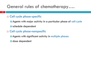 General rules of chemotherapy….
34
 Cell cycle phase-specific
 Agents with major activity in a particular phase of cell cycle
 schedule dependent
 Cell cycle phase-nonspecific
 Agents with significant activity in multiple phases
 dose dependent
 