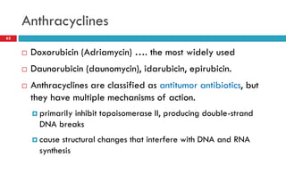 Anthracyclines
62
 Doxorubicin (Adriamycin) …. the most widely used
 Daunorubicin (daunomycin), idarubicin, epirubicin.
 Anthracyclines are classified as antitumor antibiotics, but
they have multiple mechanisms of action.
 primarily inhibit topoisomerase II, producing double-strand
DNA breaks
 cause structural changes that interfere with DNA and RNA
synthesis
 