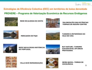 Estratégias de Eficiência Colectiva (EEC) em territórios de baixa densidade 
PROVERE – Programa de Valorização Económica de Recursos Endógenos 
9 
REDE DE ALDEIAS DO XISTO 
MERCADOS DO TEJO 
REDE DAS ALDEIAS HISTÓRICAS 
DE PORTUGAL 
VILLA SICÓ ROMANIZAÇÃO 
VALORIZAÇÃO DAS ESTÂNCIAS 
TERMAIS DA REGIÃO CENTRO 
TURISMO E PATRIMÓNIO DO 
VALE DO CÔA 
BUY NATURE –TURISMO 
SUSTENTÁVEL EM ÁREAS 
PROTEGIDAS 
BEIRA BAIXA –TERRAS DE 
EXCELÊNCIA 
 