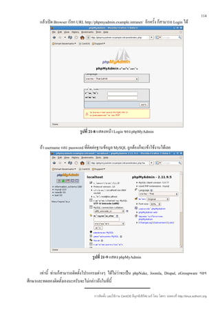 114
       แล้วเปิด Browser เรียก URL http://phpmyadmin.example.intranet/ อีกครั้ง ก็สามารถ Login ได้




                               รูปที่ 21-8 แสดงหน้า Login ของ phpMyAdmin

       ถ้า username และ password ที่ติดต่อฐานข้อมูล MySQL ถูกต้องก็จะเข้าใช้งานได้เลย




                                      รูปที่ 21-9 แสดง phpMyAdmin

       เท่านี้ ท่านก็สามารถติดตั้งโปรแกรมต่างๆ ได้ไม่ว่าจะเป็น phpNuke, Joomla, Drupal, eGroupware ฯลฯ
ศึกษาและทดลองติดตั้งเองนะครับจะไม่กล่าวถึงในที่นี้

                                        การติดตั้ง และใช้งาน CentOS ลีนุกซ์เซิร์ฟเวอร์ โดย โสทร รอดคงที่ http://linux.sothorn.org
 