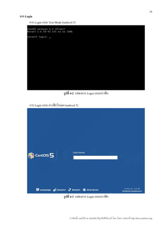 34
การ Login
       การ Login แบบ Text Mode (runlevel 3)




                                 รูปที่ 4-2 แสดงการ Login แบบกราฟิก

       การ Login แบบ กราฟิกโหมด (runlevel 5)




                                 รูปที่ 4-3 แสดงการ Login แบบกราฟิก



                                      การติดตั้ง และใช้งาน CentOS ลีนุกซ์เซิร์ฟเวอร์ โดย โสทร รอดคงที่ http://linux.sothorn.org
 