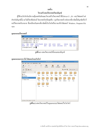 40
                                                  บทที่ 6
                                      โครงสร้างของไดเรกทอรีของลีนุกซ์
        ผู้ใช้งานวินโดว์จะมีความคุนเคยกับลักษณะโครงสร้างไดเรกทอรี ที่มี Driver C: , D: และโฟลเดอร์ แต่
                                  ้
สำาหรับลีนุกซ์นน จะไม่มีไดรฟ์แต่จะมี ไดเรกทอรีเหนือสุดคือ / (รูทไดเรกทอรี) หลังจากที่เราติดตั้งลีนุกซ์เสร็จ ก็
                 ั้
จะมีไดเรกทอรีมากมาย ซึ่งเหมือนกับตอนที่เราติดตั้งวินโดว์เสร็จเราจะเห็นโฟลเดอร์ Windows, Programs File
ฯลฯ

มุมมองแบบไดเรกทอรี




                                  รูปที่ 6-1 แสดงไดเรกทอรีทั้งหมดของลีนุกซ์

มุมมองแบบภาพ หรือ โฟลเดอร์แบบวินโดว์




                          รูปที่ 6-2 แสดงไดเรกทอรีในมุมมองแบบโฟลเดอร์ในวินโดว์




                                          การติดตั้ง และใช้งาน CentOS ลีนุกซ์เซิร์ฟเวอร์ โดย โสทร รอดคงที่ http://linux.sothorn.org
 