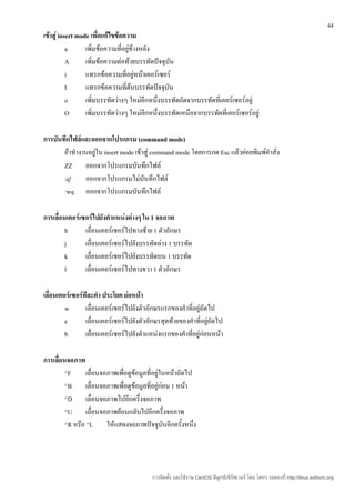 44
เข้าสู่ insert mode เพื่อแก้ไขข้อความ
           a      เพิ่มข้อความที่อยู่ข้างหลัง
           A      เพิ่มข้อความต่อท้ายบรรทัดปัจจุบัน
           i      แทรกข้อความที่อยู่หน้าเคอร์เซอร์
           I      แทรกข้อความที่ต้นบรรทัดปัจจุบัน
           o      เพิ่มบรรทัดว่างๆ ใหม่อีกหนึ่งบรรทัดถัดจากบรรทัดที่เคอร์เซอร์อยู่
           O      เพิ่มบรรทัดว่างๆ ใหม่อีกหนึ่งบรรทัดเหนือจากบรรทัดที่เคอร์เซอร์อยู่

การบันทึกไฟล์และออกจากโปรแกรม (command mode)
       ถ้าทำางานอยู่ใน insert mode เข้าสู่ command mode โดยการกด Esc แล้วค่อยพิมพ์คำาสั่ง
       ZZ ออกจากโปรแกรมบันทึกไฟล์
       :q! ออกจากโปรแกรมไม่บันทึกไฟล์
       :wq ออกจากโปรแกรมบันทึกไฟล์

การเลื่อนเคอร์เซอร์ไปยังตำาแหน่งต่างๆ ใน 1 จอภาพ
         h      เลื่อนเคอร์เซอร์ไปทางซ้าย 1 ตัวอักษร
         j      เลื่อนเคอร์เซอร์ไปยังบรรทัดล่าง 1 บรรทัด
         k      เลื่อนเคอร์เซอร์ไปยังบรรทัดบน 1 บรรทัด
         l      เลื่อนเคอร์เซอร์ไปทางขวา 1 ตัวอักษร

เลื่อนเคอร์เซอร์ทีละคำา ประโยค ย่อหน้า
         w       เลื่อนเคอร์เซอร์ไปยังตัวอักษรแรกของคำาที่อยู่ถัดไป
         e       เลื่อนเคอร์เซอร์ไปยังตัวอักษรสุดท้ายของคำาที่อยู่ถัดไป
         b       เลื่อนเคอร์เซอร์ไปยังตำาแหน่งแรกของคำาที่อยู่ก่อนหน้า

การเลื่อนจอภาพ
         ^F      เลื่อนจอภาพเพื่อดูข้อมูลที่อยู่ในหน้าถัดไป
         ^B เลื่อนจอภาพเพื่อดูข้อมูลที่อยู่ก่อน 1 หน้า
         ^D เลื่อนจอภาพไปอีกครึ่งจอภาพ
         ^U เลื่อนจอภาพย้อนกลับไปอีกครึ่งจอภาพ
         ^R หรือ ^L ให้แสดงจอภาพปัจจุบันอีกครั้งหนึ่ง




                                          การติดตั้ง และใช้งาน CentOS ลีนุกซ์เซิร์ฟเวอร์ โดย โสทร รอดคงที่ http://linux.sothorn.org
 