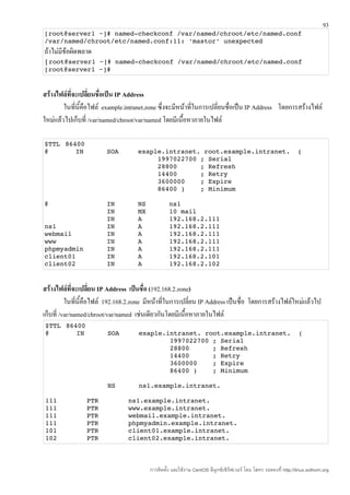 93
[root@server1 ~]# named­checkconf /var/named/chroot/etc/named.conf 
/var/named/chroot/etc/named.conf:11: 'mastor' unexpected 
ถ้าไม่มีข้อผิดพลาด
[root@server1 ~]# named­checkconf /var/named/chroot/etc/named.conf 
[root@server1 ~]#


สร้างไฟล์ที่จะเปลี่ยนชื่อเป็น IP Address
        ในทีนี้คือไฟล์ example.intranet.zone ซึ่งจะมีหน้าที่ในการเปลี่ยนชื่อเป็น IP Address โดยการสร้างไฟล์
             ่
ใหม่แล้วไปเก็บที่ /var/named/chroot/var/named โดยมีเนื้อหาภายในไฟล์

$TTL 86400 
@       IN      SOA     exaple.intranet. root.example.intranet.  ( 
                             1997022700 ; Serial 
                             28800      ; Refresh 
                             14400      ; Retry 
                             3600000    ; Expire 
                             86400 )    ; Minimum 

@                       IN      NS      ns1 
                        IN      MX      10 mail 
                        IN      A       192.168.2.111 
ns1                     IN      A       192.168.2.111 
webmail                 IN      A       192.168.2.111 
www                     IN      A       192.168.2.111 
phpmyadmin              IN      A       192.168.2.111 
client01                IN      A       192.168.2.101 
client02                IN      A       192.168.2.102 


สร้างไฟล์ที่จะเปลี่ยน IP Address เป็นชื่อ (192.168.2.zone)
          ในทีนี้คือไฟล์ 192.168.2.zone มีหน้าที่ในการเปลี่ยน IP Address เป็นชื่อ โดยการสร้างไฟล์ใหม่แล้วไป
               ่
เก็บที่ /var/named/chroot/var/named เช่นเดียวกันโดยมีเนื้อหาภายในไฟล์
$TTL 86400 
@       IN      SOA     exaple.intranet. root.example.intranet.  ( 
                                1997022700 ; Serial 
                                28800      ; Refresh 
                                14400      ; Retry 
                                3600000    ; Expire 
                                86400 )    ; Minimum 

                NS      ns1.example.intranet. 

111             PTR             ns1.example.intranet. 
111             PTR             www.example.intranet. 
111             PTR             webmail.example.intranet. 
111             PTR             phpmyadmin.example.intranet. 
101             PTR             client01.example.intranet. 
102             PTR             client02.example.intranet. 



                                         การติดตั้ง และใช้งาน CentOS ลีนุกซ์เซิร์ฟเวอร์ โดย โสทร รอดคงที่ http://linux.sothorn.org
 