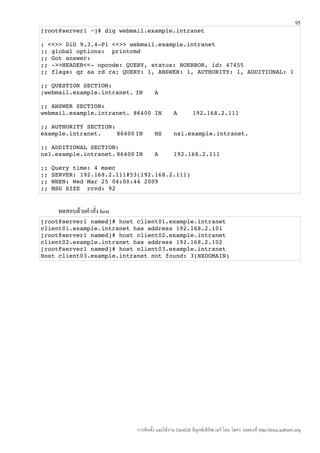 95
[root@server1 ~]# dig webmail.example.intranet 

; <<>> DiG 9.3.4­P1 <<>> webmail.example.intranet 
;; global options:  printcmd 
;; Got answer: 
;; ­>>HEADER<<­ opcode: QUERY, status: NOERROR, id: 47455 
;; flags: qr aa rd ra; QUERY: 1, ANSWER: 1, AUTHORITY: 1, ADDITIONAL: 1 

;; QUESTION SECTION: 
;webmail.example.intranet. IN         A 

;; ANSWER SECTION: 
webmail.example.intranet. 86400 IN              A          192.168.2.111 

;; AUTHORITY SECTION: 
example.intranet.    86400 IN         NS        ns1.example.intranet. 

;; ADDITIONAL SECTION: 
ns1.example.intranet. 86400 IN        A         192.168.2.111 

;; Query time: 4 msec 
;; SERVER: 192.168.2.111#53(192.168.2.111) 
;; WHEN: Wed Mar 25 04:00:44 2009 
;; MSG SIZE  rcvd: 92 


     ทดสอบด้วยคำาสั่ง host
[root@server1 named]# host client01.example.intranet 
client01.example.intranet has address 192.168.2.101 
[root@server1 named]# host client02.example.intranet 
client02.example.intranet has address 192.168.2.102 
[root@server1 named]# host client03.example.intranet 
Host client03.example.intranet not found: 3(NXDOMAIN) 




                             การติดตั้ง และใช้งาน CentOS ลีนุกซ์เซิร์ฟเวอร์ โดย โสทร รอดคงที่ http://linux.sothorn.org
 
