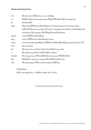 96
อธิบายความหมายของคำาต่างๆ

TTL             เป็นระยะเวลาการมีชีวิต(Time to Live) ของข้อมูล
@               เป็นชื่อของโดเมน เช่น example.intranet ที่ลีนุกซ์ใช้อ้างอิงจากไฟล์ /etc/named.conf
IN              คือ อินเทอร์เน็ต
Serial          เป็นหมายเลขที่ใช้แสดงการอัพเดทข้อมูลระหว่าง Primary Master และ Secondary Master
                ถ้าเมื่อใดที่คานี้ของ Primary Master มีคามากกว่า Secondary Master ก็จะทำาการอัพเดทข้อมูล DNS
                              ่                          ่
                ของ Primary ไปสู่ Secondary เพื่อให้ข้อมูลทั้งสองเหมือนกันเสมอ
Refresh         ระยะเวลาที่ใช้ในการรีเฟรชข้อมูล
Retry           ระยะเวลาที่ใช้ในการตรวจสอบข้อมูลกับ Primary
Expire          ระยะเวลาการหมดอายุของข้อมูล กรณีที่ไม่สามารถติดต่อเพื่อขอข้อมูล (refresh) กับ Primary ได้
SOA             Start of authority
NS              เป็น Name Server ของโดเมน โดยจะกำาหนดไว้หลัง record SOA
A               เป็น Address record คือจะแมบชื่อโฮสเป็น IP Address
CNAME           เป็น Canonical name ใช้กำาหนดชื่อเสมือน (Alias name) ให้เป็นชื่อโฮสจริง
MX              เป็นชื่อเครื่อง Mail server exchange ที่ทำาหน้าที่รับส่งเมล์ในระบบ
PTR             เป็น Pointer Record ใช้ในการแมบ IP Address เป็นชื่อโฮส

         อ้างอิงคำาอธิบาย
         คัมภีร์ Linux RedHat เล่ม 1 อ.บัณฑิต จามรภูติ หน้า 262-263




                                         การติดตั้ง และใช้งาน CentOS ลีนุกซ์เซิร์ฟเวอร์ โดย โสทร รอดคงที่ http://linux.sothorn.org
 