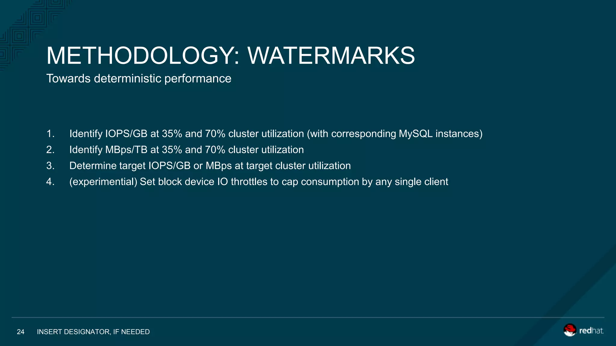 Towards deterministic performance
INSERT DESIGNATOR, IF NEEDED24
METHODOLOGY: WATERMARKS
1. Identify IOPS/GB at 35% and 70% cluster utilization (with corresponding MySQL instances)
2. Identify MBps/TB at 35% and 70% cluster utilization
3. Determine target IOPS/GB or MBps at target cluster utilization
4. (experimential) Set block device IO throttles to cap consumption by any single client
 