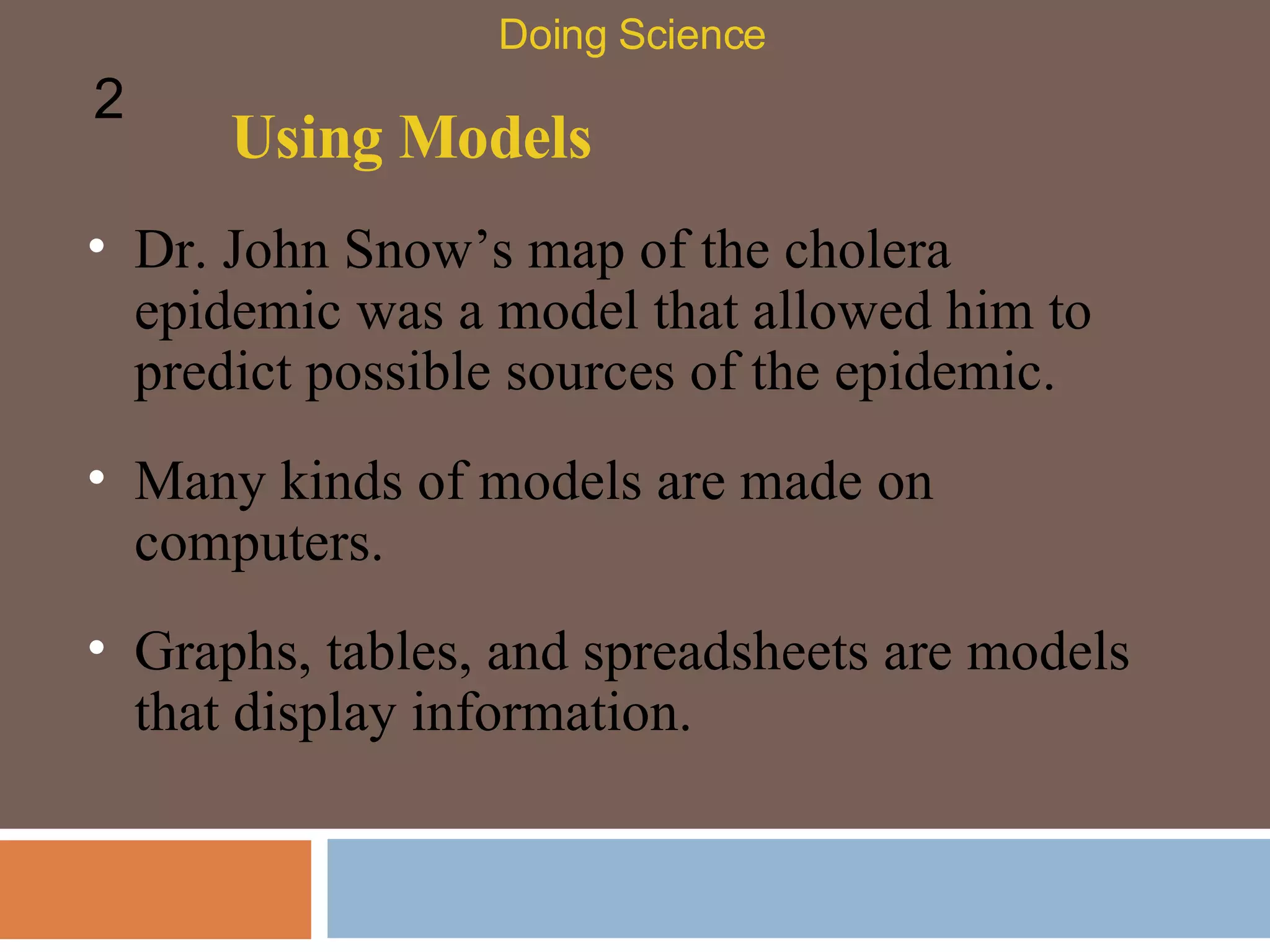 Using Models Dr. John Snow’s map of the cholera epidemic was a model that allowed him to predict possible sources of the epidemic.  Doing Science 2 Many kinds of models are made on computers. Graphs, tables, and spreadsheets are models that display information. 