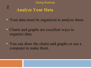 Analyze Your Data Your data must be organized to analyze them.  Doing Science 2 Charts and graphs are excellent ways to organize data.  You can draw the charts and graphs or use a computer to make them.  