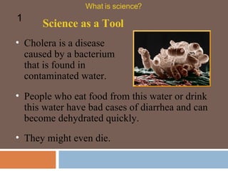 Cholera is a disease caused by a bacterium that is found in contaminated water.  People who eat food from this water or drink this water have bad cases of diarrhea and can become dehydrated quickly.  Science as a Tool What is science? 1 They might even die.  
