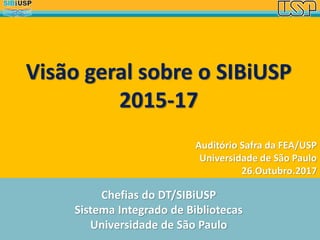 Chefias do DT/SIBiUSP
Sistema Integrado de Bibliotecas
Universidade de São Paulo
Auditório Safra da FEA/USP
Universidade de São Paulo
26.Outubro.2017
Visão geral sobre o SIBiUSP
2015-17
 