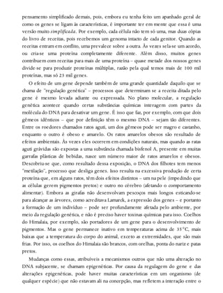 pensamento simplificado demais, pois, embora eu tenha feito um apanhado geral de
como os genes se ligam às características, é importante ter em mente que essa é uma
versão muito simplificada. Por exemplo, cada célula não tem só uma, mas duas cópias
do livro de receitas, pois recebemos um genoma intacto de cada genitor. Quando as
receitas entram em conflito, uma prevalece sobre a outra. Às vezes sela-se um acordo,
ou cria-se uma proteína completamente diferente. Além disso, muitos genes
contribuem com receitas para mais de uma proteína – quase metade dos nossos genes
divide-se para produzir proteínas múltiplas, razão pela qual temos mais de 100 mil
proteínas, mas só 23 mil genes.
O efeito de um gene depende também de uma grande quantidade daquilo que se
chama de “regulação genética” – processos que determinam se a receita ditada pelo
gene é mesmo levada adiante ou expressada. No plano molecular, a regulação
genética acontece quando certas substâncias químicas interagem com partes da
molécula do DNA para desativar um gene. É isso que faz, por exemplo, com que dois
gêmeos idênticos – que por definição têm o mesmo DNA – sejam tão diferentes.
Entre os roedores chamados ratos aguti, um dos gêmeos pode ser magro e castanho,
enquanto o outro é obeso e amarelo. Os ratos amarelos obesos são resultado de
efeitos ambientais. Às vezes eles ocorrem em condições naturais, mas quando as ratas
aguti grávidas são expostas a uma substância chamada bisfenol A, presente em muitas
garrafas plásticas de bebidas, nasce um número maior de ratos amarelos e obesos.
Descobriu-se que, como resultado dessa exposição, o DNA dos filhotes tem menos
“metilação”, processo que desliga genes. Isso resulta na excessiva produção de certa
proteína que, em alguns ratos, têm dois efeitos distintos – um na pele (impedindo que
as células gerem pigmentos pretos) e outro no cérebro (afetando o comportamento
alimentar). Embora as girafas não desenvolvam pescoços mais longos esticando-se
para alcançar as árvores, como acreditava Lamarck, a expressão dos genes – e portanto
a formação de um indivíduo – pode ser profundamente afetada pelo ambiente, por
meio da regulação genética, e não é preciso haver toxinas químicas para isso. Coelhos
do Himalaia, por exemplo, são portadores de um gene para o desenvolvimento de
pigmentos. Mas o gene permanece inativo em temperaturas acima de 35°C, mais
baixas que a temperatura do corpo do animal, exceto as extremidades, que são mais
frias. Por isso, os coelhos do Himalaia são brancos, com orelhas, ponta do nariz e patas
pretos.
Mudanças como essas, atribuíveis a mecanismos outros que não uma alteração no
DNA subjacente, se chamam epigenéticas. Por causa da regulagem do gene e das
alterações epigenéticas, pode haver muitas características em um organismo (de
qualquer espécie) que não estavam ali na concepção, mas refletem a interação entre o
 