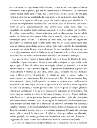 os eucariontes, ou organismos multicelulares, resultaram de um empreendimento
cooperativo com as plantas, que tinham desenvolvido a fotossíntese. Os darwinistas
estritos tinham razão para resistir, pois a cooperação desafia a noção de um gene
egoísta, e só depois de uma batalha de vinte anos ela foi aceita como a base da vida.
Outras áreas separam diferentes peças do quebra-cabeça, para resolvê-las. Os
teóricos da complexidade estudam como um sistema pode se tornar tão intrincado a
ponto de gerar espontaneamente uma complexidade ainda maior. Sem essa
capacidade, um simples óvulo fertilizado não poderia se desenvolver em 50 trilhões
de células – nossa melhor estimativa do número de células num ser humano adulto
médio. Os chamados direcionistas lidam com a maneira como a complexidade e a
cooperação jamais cessam – 2 bilhões de anos atrás, dois tipos de organismos
unicelulares cooperaram para resultar, como uma bola de neve, num planeta onde
todas as criaturas vivas afetam umas às outras. Sete outros campos de especialização
ocupam-se em injetar bioengenharia, desígnio, Deus e metafísica no esquema, para
ver se alguma coisa se encaixa. Todas as partes dessa colcha de retalhos se orientam
no sentido de entender exatamente como funciona o mecanismo da evolução.
Mas que tal observarmos a figura toda de uma vez? Como há bilhões de partes
envolvidas, é quase impossível divisar o todo; todavia, dá para ver que a vida evolui
aqui e agora. É hora de adotar uma abordagem holística da evolução, e a melhor
amostra disso é a nossa própria espécie. Os primeiros hominídeos vagando pela
savana africana 4 milhões de anos atrás, como Lucy, evoluíram em seres humanos
como o Homo erectus há cerca de 1,8 milhão de anos. O Homo erectus era
incrivelmente parecido conosco. Tinha bem mais de 1,50m de altura (enquanto Lucy
tinha menos de 1,20m). Já tinha perdido os caninos de primatas como os chimpanzés;
os quadris eram mais largos; andavam sempre eretos, em vez de às vezes engatinhar
ou subir em árvores; já haviam perdido quase todos os pelos do corpo; glândulas
sudoríparas substituíram o ofegar pela língua como regulador de temperatura. (Um
corpo capaz de reduzir a própria temperatura consegue percorrer longas distâncias
atrás da presa, o que os primeiros homens precisavam fazer, pois não conseguiam
lutar contra animais maiores; hoje, os selvagens do deserto de Kalahari continuam a
caçar antílopes durante horas, até o animal cair de cansaço e ser morto com facilidade.)
Cérebros maiores se desenvolveram fora do útero, depois do nascimento da criança.
(Isso foi necessário porque um cérebro humano totalmente formado não consegue
passar pela via natural de nascimento.) É difícil acreditar que todas essas adaptações
tenham gotejado no acervo genético dos hominídeos como eventos aleatórios. O
surgimento do Homo erectus parece holístico e fruto de uma intencionalidade.
Mas onde se origina esse desígnio? Parece que a inteligência orienta a estrutura.
 