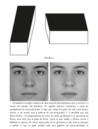 FIGURA 2
Há também exemplos notáveis de uma conexão determinística entre o cérebro e a
mente em animais não humanos. No capítulo anterior, mencionei o ritual de
acasalamento da mosca-das-frutas. É algo que ocupa boa parte da vida social desses
insetos, e, de acordo com as palavras de um pesquisador, é “a atividade que elas
fazem melhor”. O comportamento de corte do macho geralmente é se aproximar da
fêmea, tocar nela com as patas da frente, vibrar as asas, lamber a fêmea, curvar o
abdômen e esperar. Se estiver interessada, ela se aproxima; se não, zune as asas para
o macho. A que se pode atribuir toda essa gabolice da mosca-das-frutas? O
 
