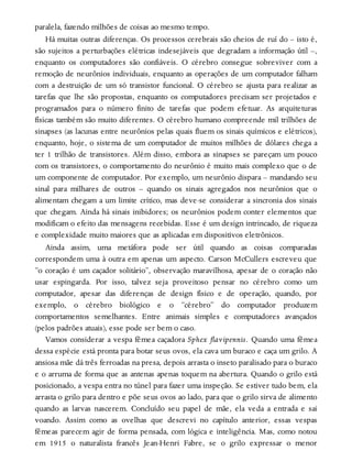 paralela, fazendo milhões de coisas ao mesmo tempo.
Há muitas outras diferenças. Os processos cerebrais são cheios de ruí do – isto é,
são sujeitos a perturbações elétricas indesejáveis que degradam a informação útil –,
enquanto os computadores são confiáveis. O cérebro consegue sobreviver com a
remoção de neurônios individuais, enquanto as operações de um computador falham
com a destruição de um só transistor funcional. O cérebro se ajusta para realizar as
tarefas que lhe são propostas, enquanto os computadores precisam ser projetados e
programados para o número finito de tarefas que podem efetuar. As arquiteturas
físicas também são muito diferentes. O cérebro humano compreende mil trilhões de
sinapses (as lacunas entre neurônios pelas quais fluem os sinais químicos e elétricos),
enquanto, hoje, o sistema de um computador de muitos milhões de dólares chega a
ter 1 trilhão de transistores. Além disso, embora as sinapses se pareçam um pouco
com os transistores, o comportamento do neurônio é muito mais complexo que o de
um componente de computador. Por exemplo, um neurônio dispara – mandando seu
sinal para milhares de outros – quando os sinais agregados nos neurônios que o
alimentam chegam a um limite crítico, mas deve-se considerar a sincronia dos sinais
que chegam. Ainda há sinais inibidores; os neurônios podem conter elementos que
modificam o efeito das mensagens recebidas. Esse é um design intrincado, de riqueza
e complexidade muito maiores que as aplicadas em dispositivos eletrônicos.
Ainda assim, uma metáfora pode ser útil quando as coisas comparadas
correspondem uma à outra em apenas um aspecto. Carson McCullers escreveu que
“o coração é um caçador solitário”, observação maravilhosa, apesar de o coração não
usar espingarda. Por isso, talvez seja proveitoso pensar no cérebro como um
computador, apesar das diferenças de design físico e de operação, quando, por
exemplo, o cérebro biológico e o “cérebro” do computador produzem
comportamentos semelhantes. Entre animais simples e computadores avançados
(pelos padrões atuais), esse pode ser bem o caso.
Vamos considerar a vespa fêmea caçadora Sphex flavipennis. Quando uma fêmea
dessa espécie está pronta para botar seus ovos, ela cava um buraco e caça um grilo. A
ansiosa mãe dá três ferroadas na presa, depois arrasta o inseto paralisado para o buraco
e o arruma de forma que as antenas apenas toquem na abertura. Quando o grilo está
posicionado, a vespa entra no túnel para fazer uma inspeção. Se estiver tudo bem, ela
arrasta o grilo para dentro e põe seus ovos ao lado, para que o grilo sirva de alimento
quando as larvas nascerem. Concluído seu papel de mãe, ela veda a entrada e sai
voando. Assim como as ovelhas que descrevi no capítulo anterior, essas vespas
fêmeas parecem agir de forma pensada, com lógica e inteligência. Mas, como notou
em 1915 o naturalista francês Jean-Henri Fabre, se o grilo expressar o menor
 