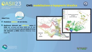 GWE: modellazione e ingegneria idraulica
Modello di Simulazione
Idraulica
(nell’es. Nettuno)
OBIETTIVI:
Modellare 1800 km di reti idriche.
Realizzare distretti per 2500 km entro il
2026 per arrivare ad oltre 3000 km di reti
idriche distrettualizzate con un totale di circa
200 distretti o DMA District Metered Area
(oggi 48).
 