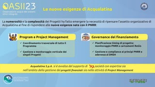 ✓ Coordinamento trasversale di tutto il
Programma
✓ Gestione e monitoraggio verticale dei
singoli Progetti
La numerosità e la complessità dei Progetti ha fatto emergere la necessità di ripensare l’assetto organizzativo di
Acqualatina al fine di rispondere alle nuove esigenze nate con il PNRR:
Le nuove esigenze di Acqualatina
Acqualatina S.p.A. si è avvalsa del supporto di , società con expertise sia
nell’ambito della gestione dei progetti finanziati sia nelle attività di Project Management
Program e Project Management Governance del finanziamento
✓ Pianificazione timing di progetto:
monitoraggio PNRR e caricamenti ReGis
✓ Gestione e compliance ai principi PNRR e
aderenza al DNSH
 