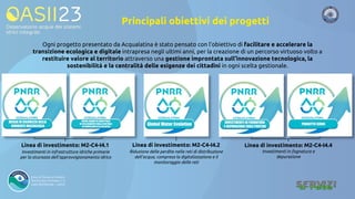 Principali obiettivi dei progetti
Linea di investimento: M2-C4-I4.1
Investimenti in infrastrutture idriche primarie
per la sicurezza dell'approvvigionamento idrico
Linea di investimento: M2-C4-I4.2
Riduzione delle perdite nelle reti di distribuzione
dell'acqua, compresa la digitalizzazione e il
monitoraggio delle reti
Linea di investimento: M2-C4-I4.4
Investimenti in fognatura e
depurazione
Ogni progetto presentato da Acqualatina è stato pensato con l’obiettivo di facilitare e accelerare la
transizione ecologica e digitale intrapresa negli ultimi anni, per la creazione di un percorso virtuoso volto a
restituire valore al territorio attraverso una gestione improntata sull’innovazione tecnologica, la
sostenibilità e la centralità delle esigenze dei cittadini in ogni scelta gestionale.
 