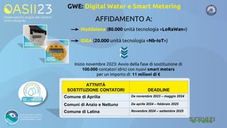 AFFIDAMENTO A:
Maddalena (80.000 unità tecnologia «LoRaWan»)
IDEA (20.000 unità tecnologia «Nb-IoT»)
ATTIVITÀ
SOSTITUZIONE CONTATORI DEADLINE
Comune di Aprilia Da novembre 2023 – maggio 2024
Comuni di Anzio e Nettuno Da aprile 2024 – febbraio 2025
Comune di Latina Novembre 2024 – settembre 2025
Inizio novembre 2023: Avvio della fase di sostituzione di
100.000 contatori idrici con nuovi smart meters
per un importo di 11 milioni di €
GWE: Digital Water e Smart Metering
 