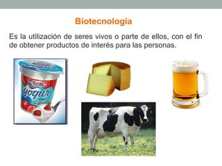 Biotecnología 
Es la utilización de seres vivos o parte de ellos, con el fin 
de obtener productos de interés para las personas. 
 