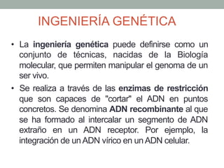 INGENIERÍA GENÉTICA 
• La ingeniería genética puede definirse como un 
conjunto de técnicas, nacidas de la Biología 
molecular, que permiten manipular el genoma de un 
ser vivo. 
• Se realiza a través de las enzimas de restricción 
que son capaces de "cortar" el ADN en puntos 
concretos. Se denomina ADN recombinante al que 
se ha formado al intercalar un segmento de ADN 
extraño en un ADN receptor. Por ejemplo, la 
integración de un ADN vírico en un ADN celular. 
 