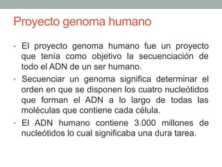 Proyecto genoma humano 
• El proyecto genoma humano fue un proyecto 
que tenía como objetivo la secuenciación de 
todo el ADN de un ser humano. 
• Secuenciar un genoma significa determinar el 
orden en que se disponen los cuatro nucleótidos 
que forman el ADN a lo largo de todas las 
moléculas que contiene cada célula. 
• El ADN humano contiene 3.000 millones de 
nucleótidos lo cual significaba una dura tarea. 
 