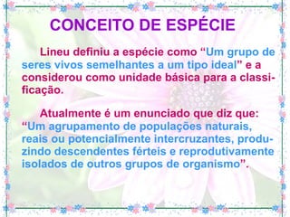 CONCEITO DE ESPÉCIE   Lineu definiu a espécie como “ Um grupo de seres vivos semelhantes a um tipo ideal ” e a considerou como unidade básica para a classi-ficação. Atualmente é um enunciado que diz que: “ Um agrupamento de populações naturais, reais ou potencialmente intercruzantes, produ-zindo descendentes férteis e reprodutivamente isolados de outros grupos de organismo ”. 