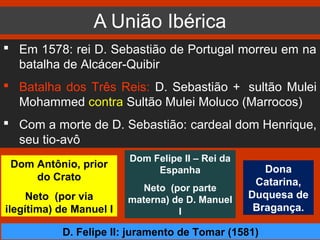 A União Ibérica
 Em 1578: rei D. Sebastião de Portugal morreu em na
batalha de Alcácer-Quibir
 Batalha dos Três Reis: D. Sebastião + sultão Mulei
Mohammed contra Sultão Mulei Moluco (Marrocos)
 Com a morte de D. Sebastião: cardeal dom Henrique,
seu tio-avô
Dom Felipe II – Rei da
Espanha
Neto (por parte
materna) de D. Manuel
I
Dom Antônio, prior
do Crato
Neto (por via
ilegítima) de Manuel I
Dona
Catarina,
Duquesa de
Bragança.
D. Felipe II: juramento de Tomar (1581)
 