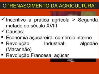 O “RENASCIMENTO DA AGRICULTURA”
 Incentivo a prática agrícola > Segunda
metade do século XVIII
 Causas:
 Economia açucareira: comércio interno
 Revolução Industrial: algodão
(Maranhão)
 Revolução Francesa: açúcar
 