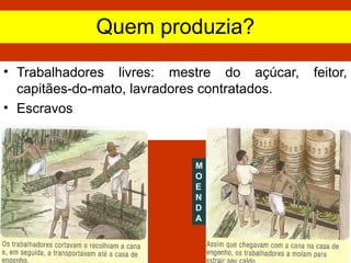 Quem produzia?
• Trabalhadores livres: mestre do açúcar, feitor,
capitães-do-mato, lavradores contratados.
• Escravos
M
O
E
N
D
A
 