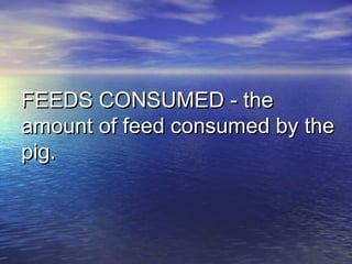 FEEDS CONSUMED - theFEEDS CONSUMED - the
amount of feed consumed by theamount of feed consumed by the
pig.pig.
 