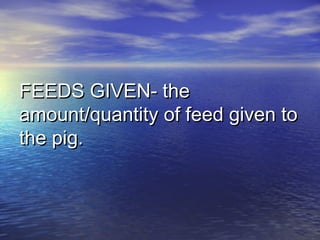 FEEDS GIVEN- theFEEDS GIVEN- the
amount/quantity of feed given toamount/quantity of feed given to
the pig.the pig.
 