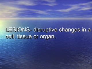 LESIONS- disruptive changes in aLESIONS- disruptive changes in a
cell, tissue or organ.cell, tissue or organ.
 