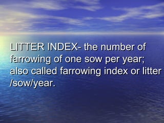 LITTER INDEX- the number ofLITTER INDEX- the number of
farrowing of one sow per year;farrowing of one sow per year;
also called farrowing index or litteralso called farrowing index or litter
/sow/year./sow/year.
 