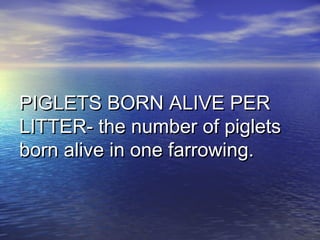 PIGLETS BORN ALIVE PERPIGLETS BORN ALIVE PER
LITTER- the number of pigletsLITTER- the number of piglets
born alive in one farrowing.born alive in one farrowing.
 