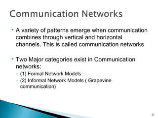  A variety of patterns emerge when communication
combines through vertical and horizontal
channels. This is called communication networks
 Two Major categories exist in Communication
networks:
◦ (1) Formal Network Models
◦ (2) Informal Network Models ( Grapevine
communication)
22
 