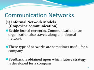 Communication Networks
(2) Informal Network Models
(Grapevine communication)
⚫Beside formal networks, Communication in an
organization also travels along an informal
network
⚫These type of networks are sometimes useful for a
company
⚫Feedback is obtained upon which future strategy
is developed for a company
30
 