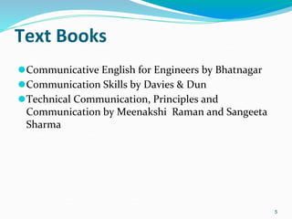 Text Books
⚫Communicative English for Engineers by Bhatnagar
⚫Communication Skills by Davies & Dun
⚫Technical Communication, Principles and
Communication by Meenakshi Raman and Sangeeta
Sharma
5
 