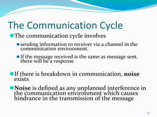 The Communication Cycle
⚫The communication cycle involves
⚫sending information to receiver via a channel in the
communication environment.
⚫If the message received is the same as message sent,
there will be a response
⚫If there is breakdown in communication, noise
exists
⚫Noise is defined as any unplanned interference in
the communication environment which causes
hindrance in the transmission of the message
9
 