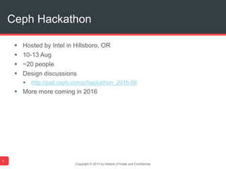  Hosted by Intel in Hillsboro, OR
 10-13 Aug
 ~20 people
 Design discussions
 http://pad.ceph.com/p/hackathon_2015-08
 More more coming in 2016
Copyright © 2013 by Inktank | Private and Confidential
Ceph Hackathon
3
 