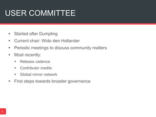 USER COMMITTEE
5
 Started after Dumpling
 Current chair: Wido den Hollander
 Periodic meetings to discuss community matters
 Most recently:
 Release cadence
 Contributor credits
 Global mirror network
 First steps towards broader governance
 