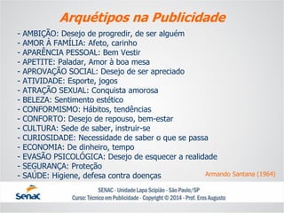 -AMBIÇÃO: Desejo de progredir, de ser alguém-AMOR À FAMÍLIA: Afeto, carinho-APARÊNCIA PESSOAL: Bem Vestir-APETITE: Paladar, Amor à boa mesa-APROVAÇÃO SOCIAL: Desejo de ser apreciado-ATIVIDADE: Esporte, jogos-ATRAÇÃO SEXUAL: Conquista amorosa-BELEZA: Sentimento estético-CONFORMISMO: Hábitos, tendências-CONFORTO: Desejo de repouso, bem-estar-CULTURA: Sede de saber, instruir-se-CURIOSIDADE: Necessidade de saber o que se passa-ECONOMIA: De dinheiro, tempo-EVASÃO PSICOLÓGICA: Desejo de esquecer a realidade-SEGURANÇA: Proteção-SAÚDE: Higiene, defesa contra doenças 
Arquétipos na Publicidade 
Armando Santana (1964)  