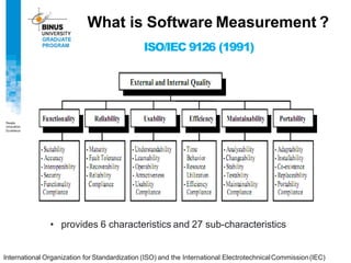 ISO/IEC 9126 (1991)
What is Software Measurement ?
International Organization for Standardization (ISO) and the International ElectrotechnicalCommission(IEC)
• provides 6 characteristics and 27 sub-characteristics
 