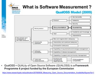 QualOSS Model (2009)
What is Software Measurement ?
• QualOSS = QUALity of Open Source Software (QUALOSS) is a Framework
Programme 6 project funded by the European Commission
https://www.researchgate.net/publication/267680608_Measuring_Open_Source_Documentation_Availability/figures?lo=1
 