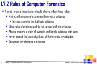 1. 7.2 Rules of Computer Forensics A good forensic investigator should always follow these rules: Minimize the option of examining the original evidence Instead, examine the duplicate evidence Obey rules of evidence and do not tamper with the evidence Always prepare a chain of custody, and handle evidence with care Never exceed the knowledge base of the forensic investigation Document any changes in evidence  