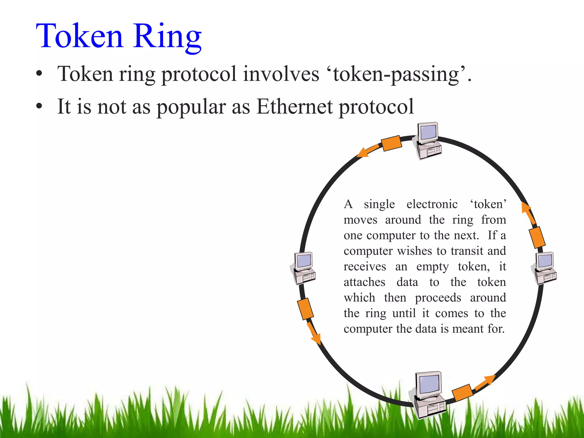 Token Ring
• Token ring protocol involves ‘token-passing’.
• It is not as popular as Ethernet protocol
A single electronic ‘token’
moves around the ring from
one computer to the next. If a
computer wishes to transit and
receives an empty token, it
attaches data to the token
which then proceeds around
the ring until it comes to the
computer the data is meant for.
 