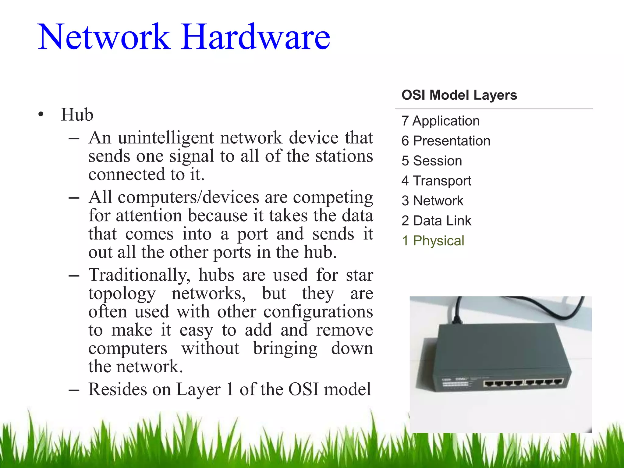 Network Hardware
• Hub
– An unintelligent network device that
sends one signal to all of the stations
connected to it.
– All computers/devices are competing
for attention because it takes the data
that comes into a port and sends it
out all the other ports in the hub.
– Traditionally, hubs are used for star
topology networks, but they are
often used with other configurations
to make it easy to add and remove
computers without bringing down
the network.
– Resides on Layer 1 of the OSI model
OSI Model Layers
7 Application
6 Presentation
5 Session
4 Transport
3 Network
2 Data Link
1 Physical
 