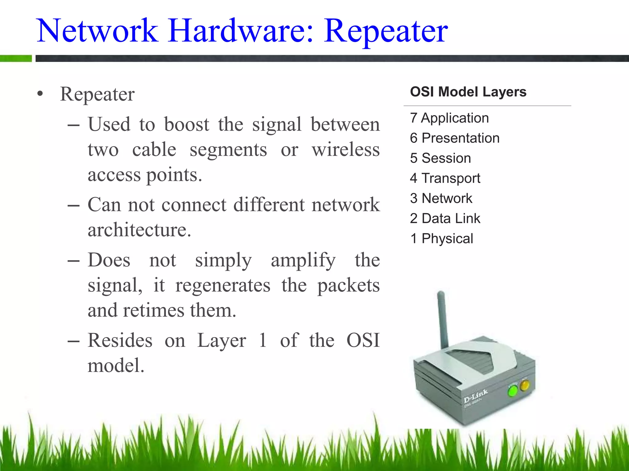 Network Hardware: Repeater
• Repeater
– Used to boost the signal between
two cable segments or wireless
access points.
– Can not connect different network
architecture.
– Does not simply amplify the
signal, it regenerates the packets
and retimes them.
– Resides on Layer 1 of the OSI
model.
OSI Model Layers
7 Application
6 Presentation
5 Session
4 Transport
3 Network
2 Data Link
1 Physical
 