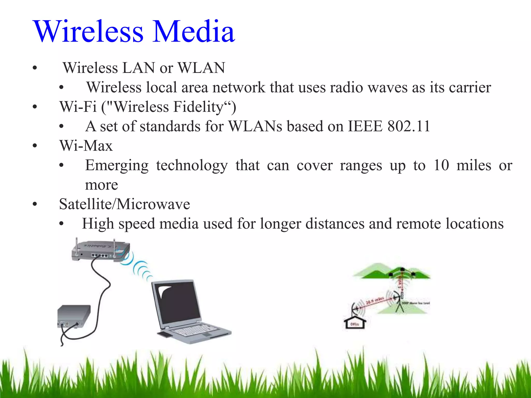Wireless Media
• Wireless LAN or WLAN
• Wireless local area network that uses radio waves as its carrier
• Wi-Fi ("Wireless Fidelity“)
• A set of standards for WLANs based on IEEE 802.11
• Wi-Max
• Emerging technology that can cover ranges up to 10 miles or
more
• Satellite/Microwave
• High speed media used for longer distances and remote locations
 